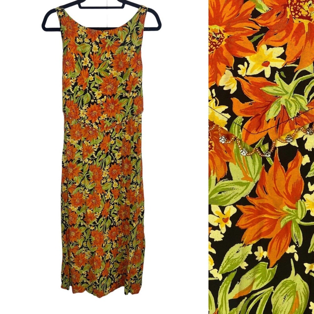 VTG Women's Floral Beaded Midi Length Dress Size 14 Orange Tie Waist CDC Wear